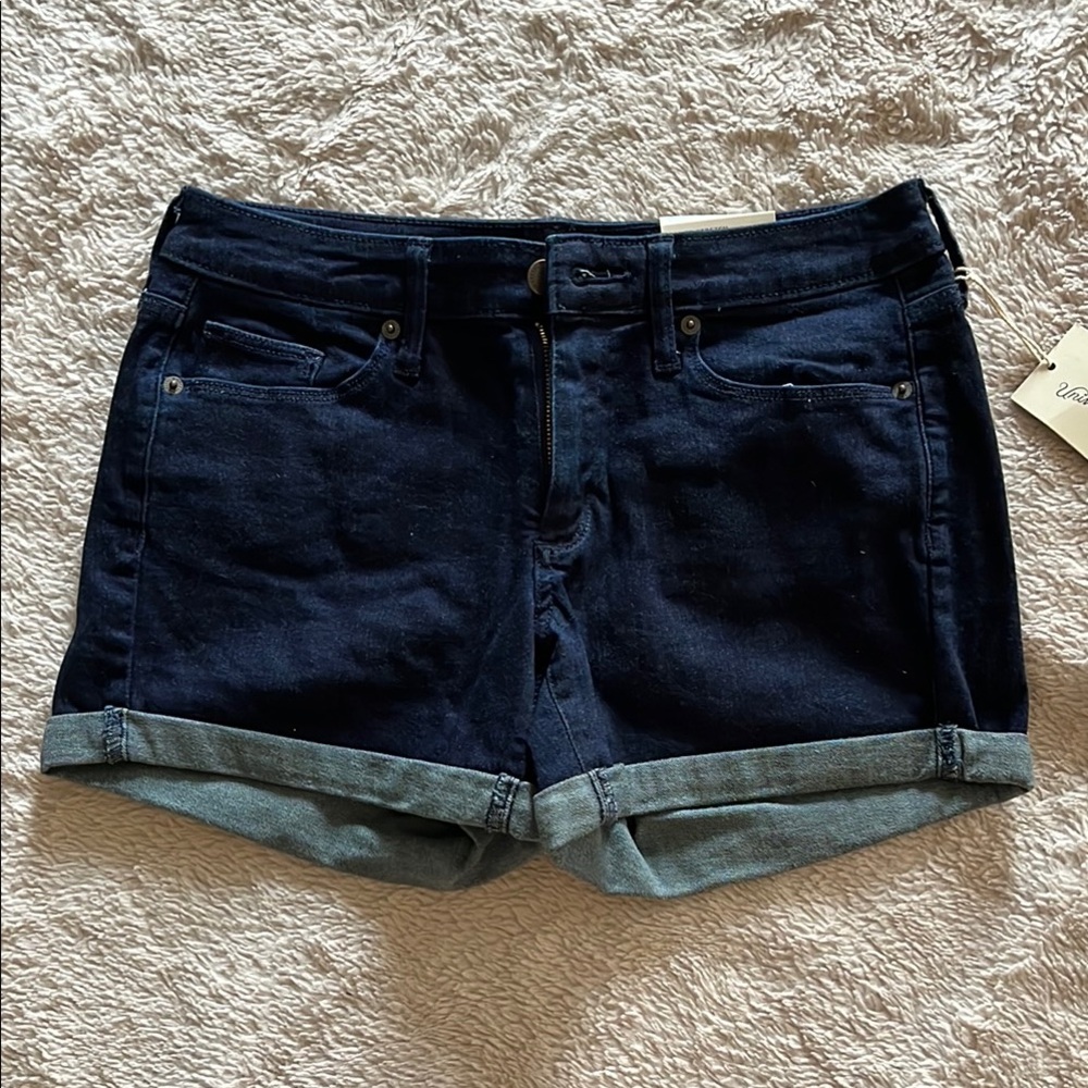 Blue Jean Shorts with Cuffed Hem and Mid-Thigh Length